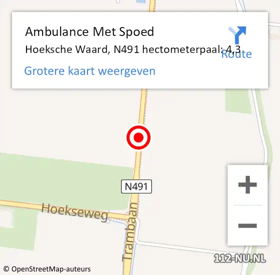 Locatie op kaart van de 112 melding: Ambulance Met Spoed Naar Hoeksche Waard, N491 hectometerpaal: 4,3 op 30 juni 2024 14:34