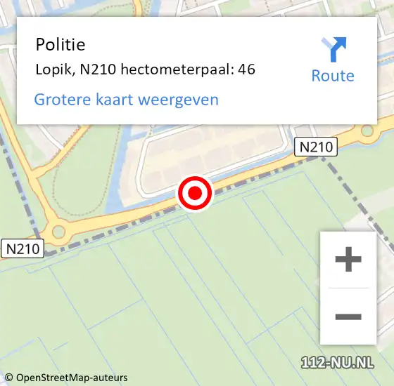 Locatie op kaart van de 112 melding: Politie Lopik, N210 hectometerpaal: 46 op 30 juni 2024 14:41