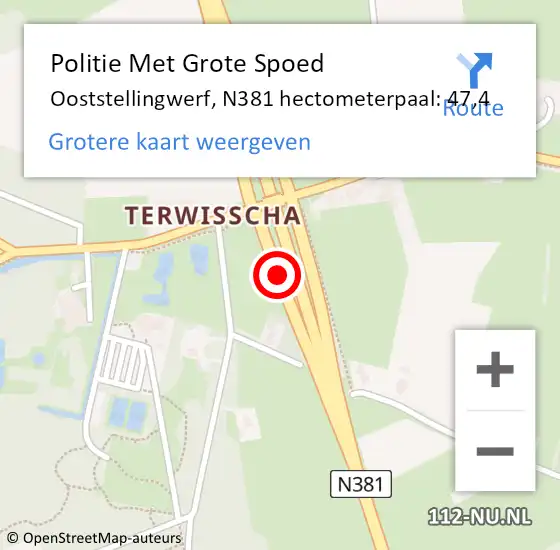 Locatie op kaart van de 112 melding: Politie Met Grote Spoed Naar Ooststellingwerf, N381 hectometerpaal: 47,4 op 30 juni 2024 16:41