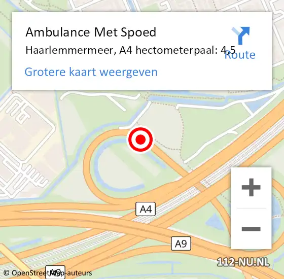 Locatie op kaart van de 112 melding: Ambulance Met Spoed Naar Haarlemmermeer, A4 hectometerpaal: 4,5 op 30 juni 2024 17:08