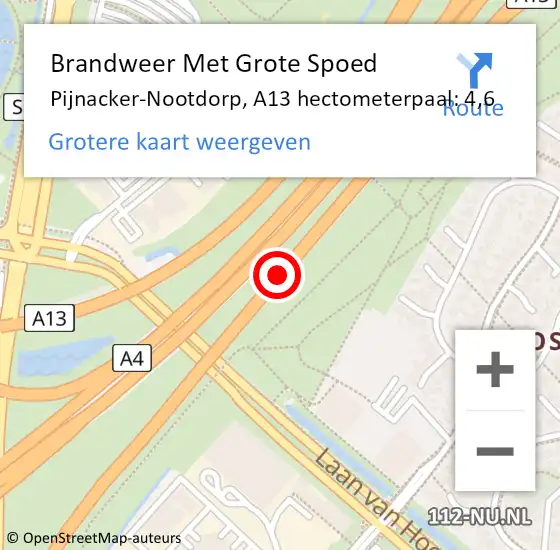 Locatie op kaart van de 112 melding: Brandweer Met Grote Spoed Naar Pijnacker-Nootdorp, A13 hectometerpaal: 4,6 op 30 juni 2024 17:17