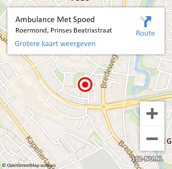 Locatie op kaart van de 112 melding: Ambulance Met Spoed Naar Roermond, Prinses Beatrixstraat op 30 juni 2024 17:18