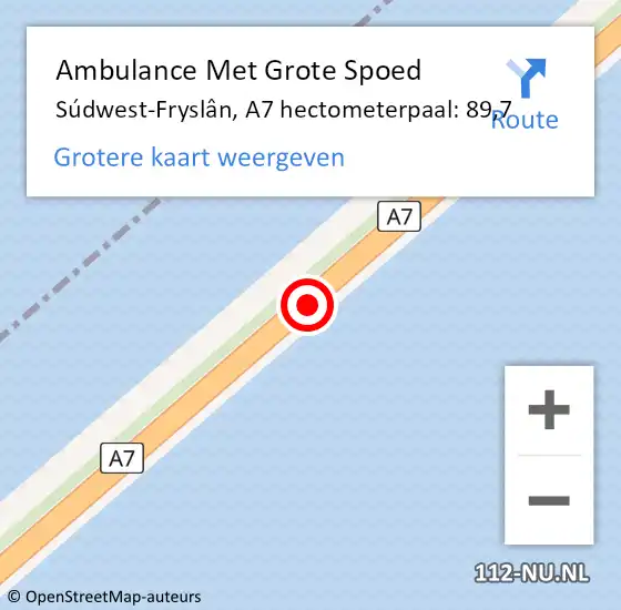 Locatie op kaart van de 112 melding: Ambulance Met Grote Spoed Naar Súdwest-Fryslân, A7 hectometerpaal: 89,7 op 30 juni 2024 18:10