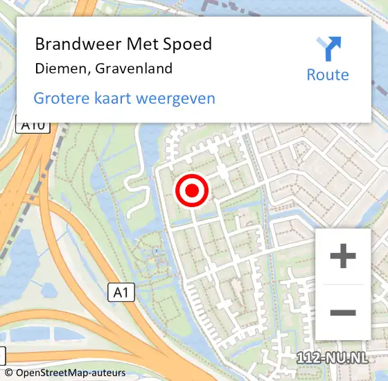 Locatie op kaart van de 112 melding: Brandweer Met Spoed Naar Diemen, Gravenland op 30 juni 2024 18:39