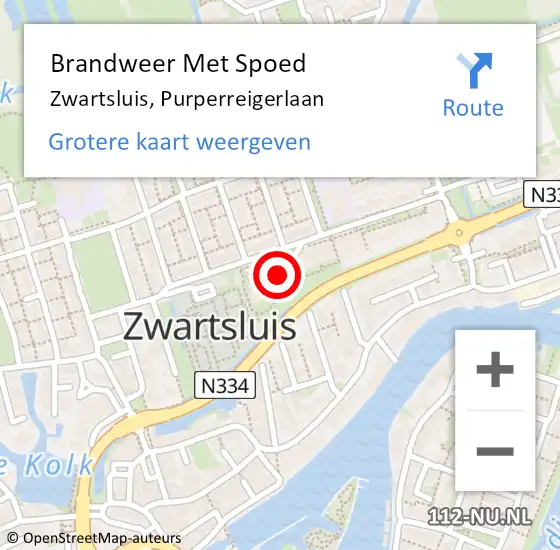 Locatie op kaart van de 112 melding: Brandweer Met Spoed Naar Zwartsluis, Purperreigerlaan op 30 juni 2024 19:34