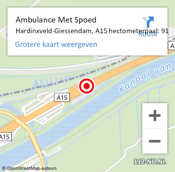 Locatie op kaart van de 112 melding: Ambulance Met Spoed Naar Hardinxveld-Giessendam, A15 hectometerpaal: 91 op 30 juni 2024 20:00