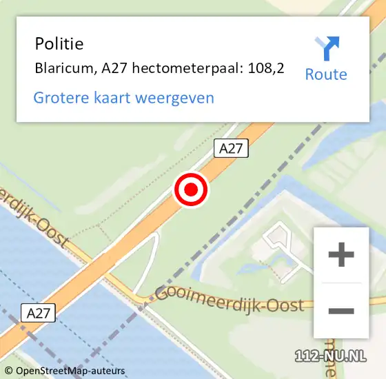 Locatie op kaart van de 112 melding: Politie Blaricum, A27 hectometerpaal: 108,2 op 30 juni 2024 20:38