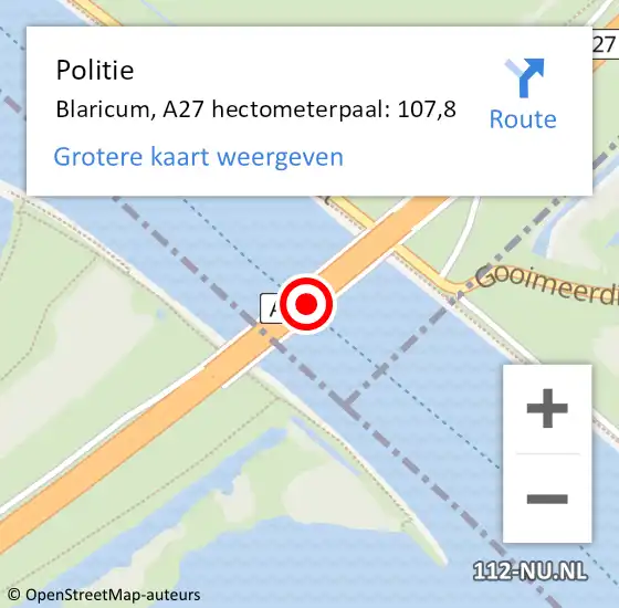 Locatie op kaart van de 112 melding: Politie Blaricum, A27 hectometerpaal: 107,8 op 30 juni 2024 20:39