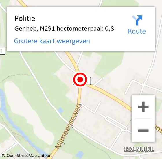 Locatie op kaart van de 112 melding: Politie Gennep, N291 hectometerpaal: 0,8 op 30 juni 2024 21:05