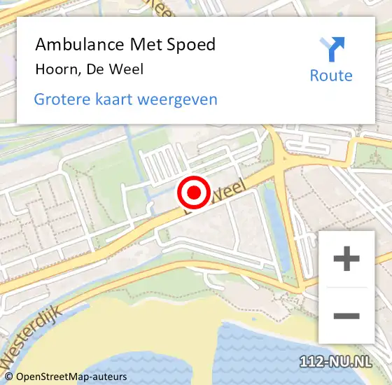 Locatie op kaart van de 112 melding: Ambulance Met Spoed Naar Hoorn, De Weel op 30 juni 2024 23:06