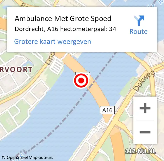 Locatie op kaart van de 112 melding: Ambulance Met Grote Spoed Naar Dordrecht, A16 hectometerpaal: 34 op 1 juli 2024 01:07