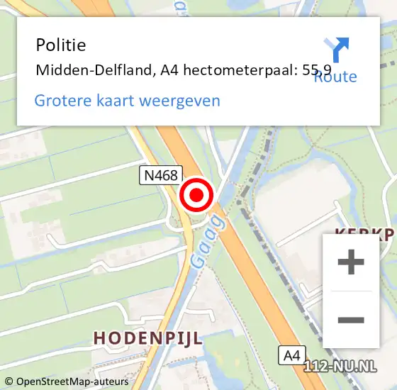Locatie op kaart van de 112 melding: Politie Midden-Delfland, A4 hectometerpaal: 55,9 op 1 juli 2024 01:09