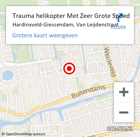 Locatie op kaart van de 112 melding: Trauma helikopter Met Zeer Grote Spoed Naar Hardinxveld-Giessendam, Van Leijdenstraat op 1 juli 2024 04:01