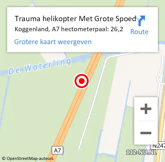 Locatie op kaart van de 112 melding: Trauma helikopter Met Grote Spoed Naar Koggenland, A7 hectometerpaal: 26,2 op 1 juli 2024 04:49
