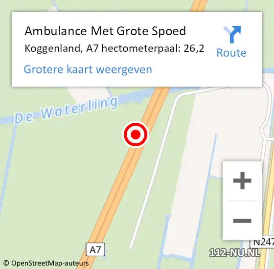 Locatie op kaart van de 112 melding: Ambulance Met Grote Spoed Naar Koggenland, A7 hectometerpaal: 26,2 op 1 juli 2024 04:50