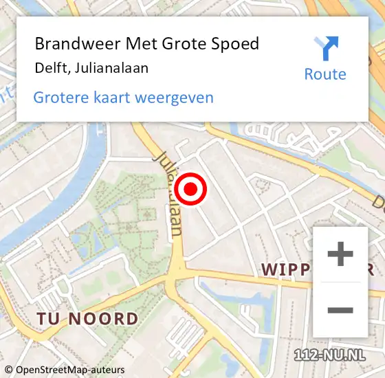 Locatie op kaart van de 112 melding: Brandweer Met Grote Spoed Naar Delft, Julianalaan op 1 juli 2024 06:44