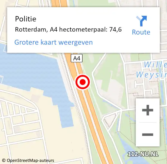 Locatie op kaart van de 112 melding: Politie Rotterdam, A4 hectometerpaal: 74,6 op 1 juli 2024 08:00