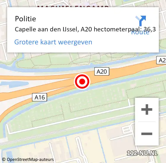 Locatie op kaart van de 112 melding: Politie Capelle aan den IJssel, A20 hectometerpaal: 36,3 op 1 juli 2024 08:01