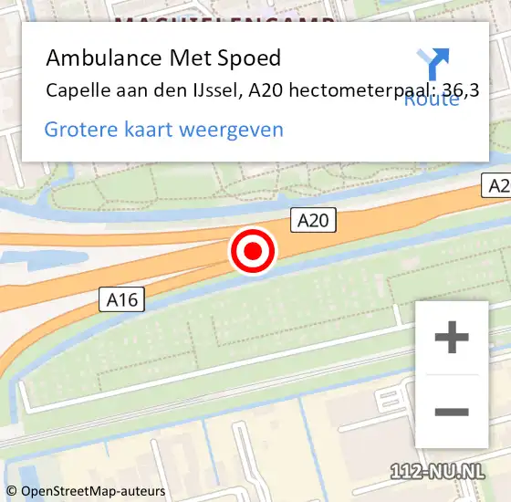 Locatie op kaart van de 112 melding: Ambulance Met Spoed Naar Capelle aan den IJssel, A20 hectometerpaal: 36,3 op 1 juli 2024 08:01