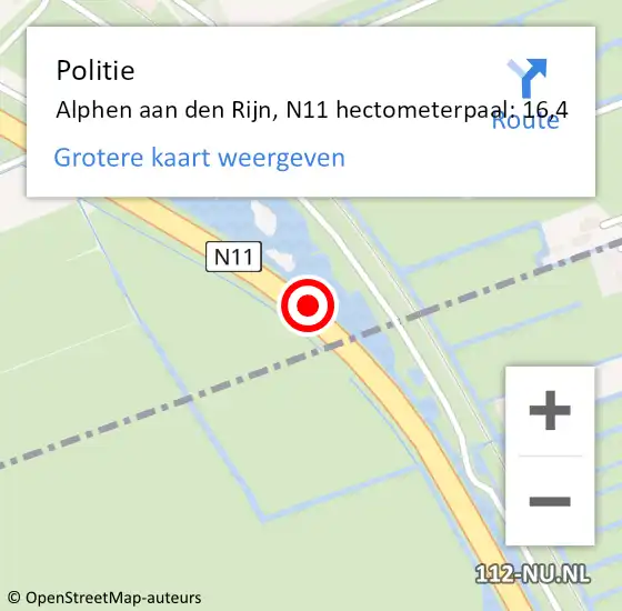 Locatie op kaart van de 112 melding: Politie Alphen aan den Rijn, N11 hectometerpaal: 16,4 op 1 juli 2024 08:04