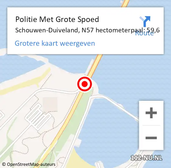 Locatie op kaart van de 112 melding: Politie Met Grote Spoed Naar Schouwen-Duiveland, N57 hectometerpaal: 59,6 op 1 juli 2024 08:12