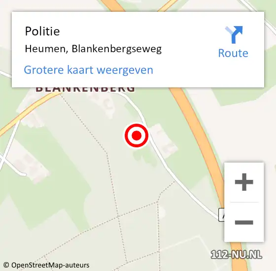 Locatie op kaart van de 112 melding: Politie Heumen, Blankenbergseweg op 1 juli 2024 08:46