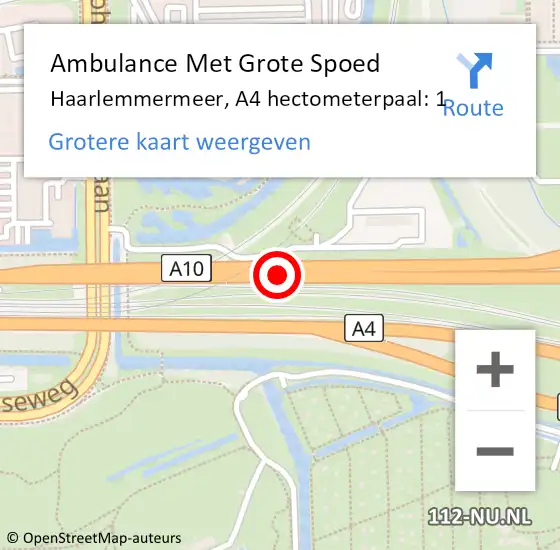 Locatie op kaart van de 112 melding: Ambulance Met Grote Spoed Naar Haarlemmermeer, A4 hectometerpaal: 1 op 1 juli 2024 10:11