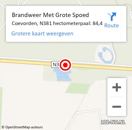 Locatie op kaart van de 112 melding: Brandweer Met Grote Spoed Naar Coevorden, N381 hectometerpaal: 84,4 op 1 juli 2024 10:33