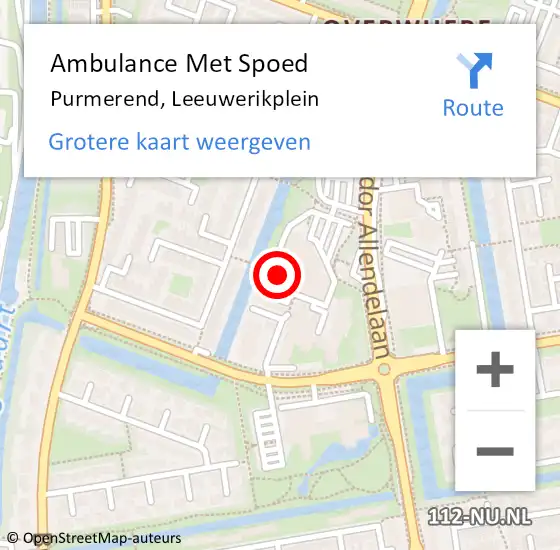 Locatie op kaart van de 112 melding: Ambulance Met Spoed Naar Purmerend, Leeuwerikplein op 1 juli 2024 11:45