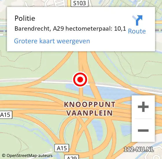 Locatie op kaart van de 112 melding: Politie Barendrecht, A29 hectometerpaal: 10,1 op 1 juli 2024 12:07