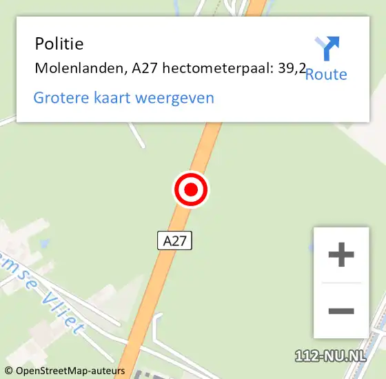 Locatie op kaart van de 112 melding: Politie Molenlanden, A27 hectometerpaal: 39,2 op 1 juli 2024 14:20