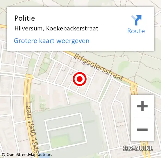 Locatie op kaart van de 112 melding: Politie Hilversum, Koekebackerstraat op 1 juli 2024 14:20