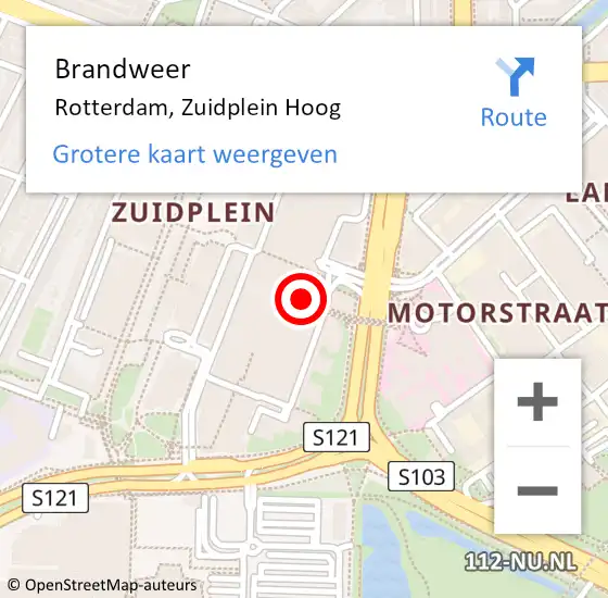 Locatie op kaart van de 112 melding: Brandweer Rotterdam, Zuidplein Hoog op 1 juli 2024 14:22
