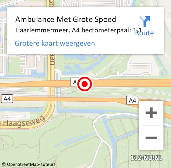 Locatie op kaart van de 112 melding: Ambulance Met Grote Spoed Naar Haarlemmermeer, A4 hectometerpaal: 1,1 op 1 juli 2024 14:51