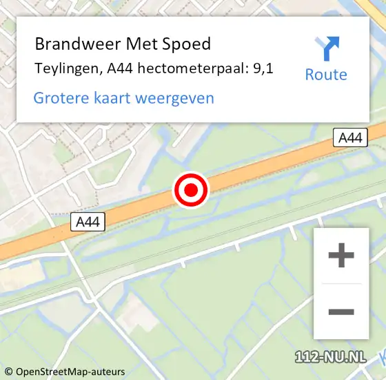 Locatie op kaart van de 112 melding: Brandweer Met Spoed Naar Teylingen, A44 hectometerpaal: 9,1 op 1 juli 2024 14:52