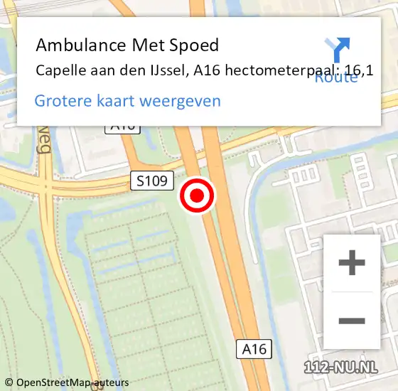 Locatie op kaart van de 112 melding: Ambulance Met Spoed Naar Capelle aan den IJssel, A16 hectometerpaal: 16,1 op 1 juli 2024 15:13