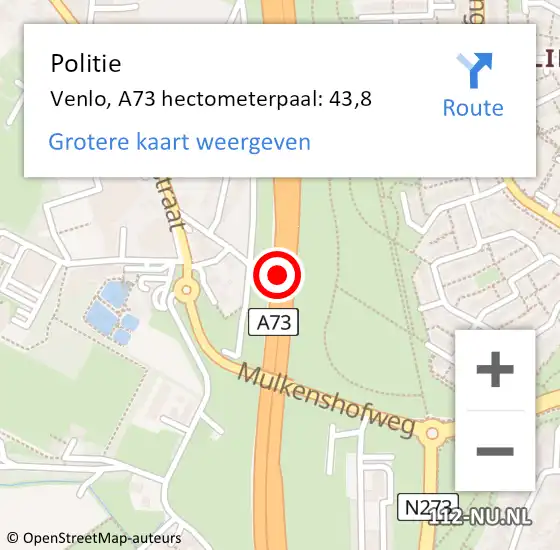 Locatie op kaart van de 112 melding: Politie Venlo, A73 hectometerpaal: 43,8 op 1 juli 2024 15:14