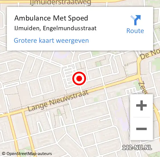 Locatie op kaart van de 112 melding: Ambulance Met Spoed Naar IJmuiden, Engelmundusstraat op 1 juli 2024 15:25