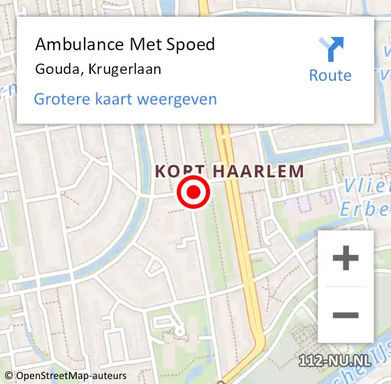 Locatie op kaart van de 112 melding: Ambulance Met Spoed Naar Gouda, Krugerlaan op 1 juli 2024 16:33