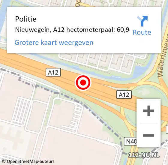 Locatie op kaart van de 112 melding: Politie Nieuwegein, A12 hectometerpaal: 60,9 op 1 juli 2024 16:36