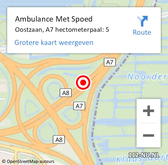 Locatie op kaart van de 112 melding: Ambulance Met Spoed Naar Oostzaan, A7 hectometerpaal: 5 op 1 juli 2024 16:59