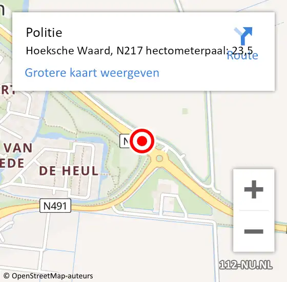 Locatie op kaart van de 112 melding: Politie Hoeksche Waard, N217 hectometerpaal: 23,5 op 1 juli 2024 17:04