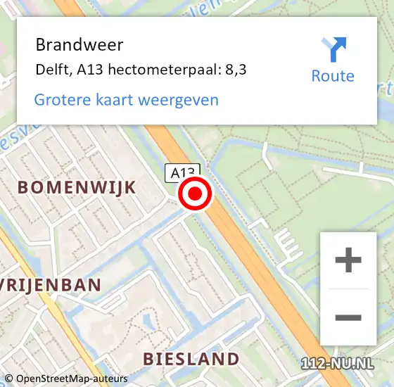 Locatie op kaart van de 112 melding: Brandweer Delft, A13 hectometerpaal: 8,3 op 1 juli 2024 17:14