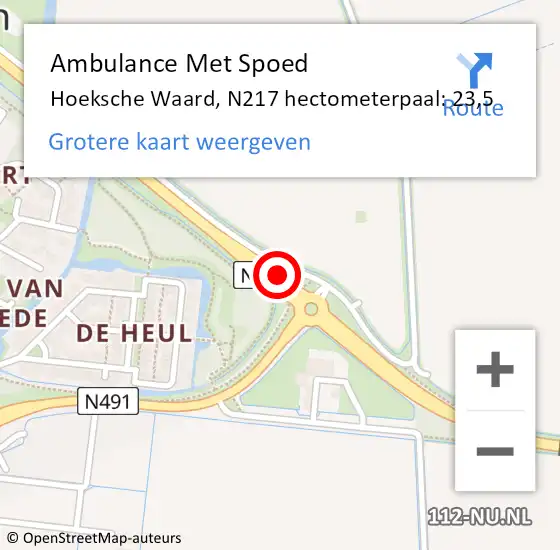 Locatie op kaart van de 112 melding: Ambulance Met Spoed Naar Hoeksche Waard, N217 hectometerpaal: 23,5 op 1 juli 2024 17:28