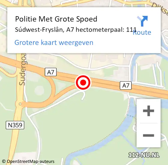 Locatie op kaart van de 112 melding: Politie Met Grote Spoed Naar Súdwest-Fryslân, A7 hectometerpaal: 111 op 1 juli 2024 17:44