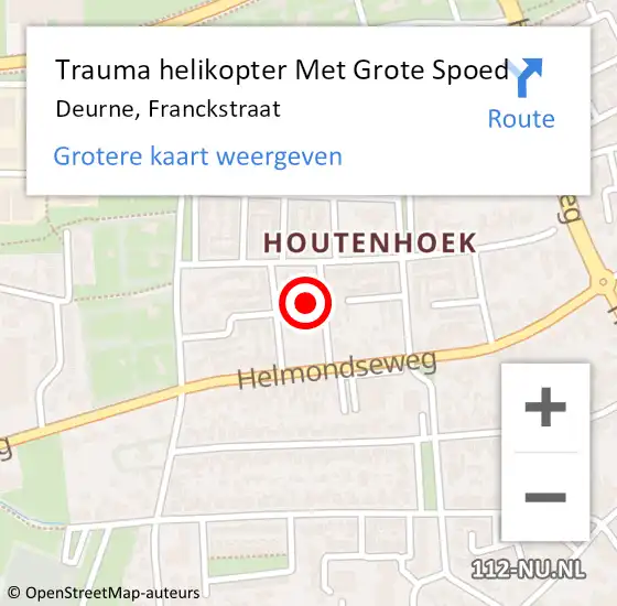 Locatie op kaart van de 112 melding: Trauma helikopter Met Grote Spoed Naar Deurne, Franckstraat op 1 juli 2024 17:52
