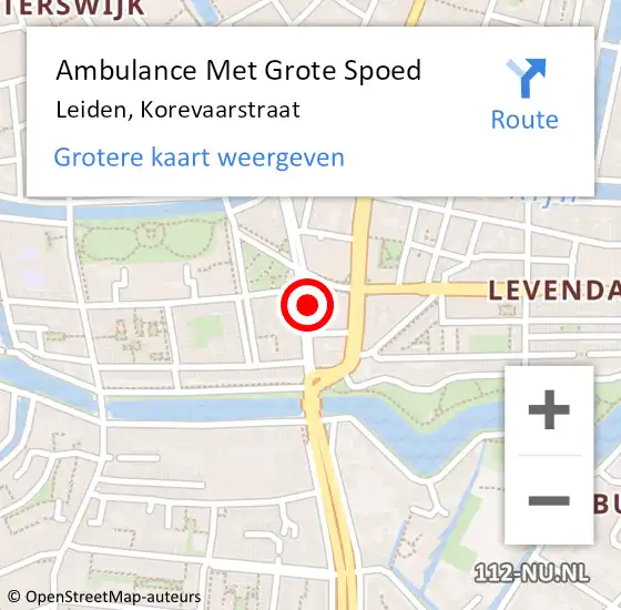 Locatie op kaart van de 112 melding: Ambulance Met Grote Spoed Naar Leiden, Korevaarstraat op 1 juli 2024 20:26