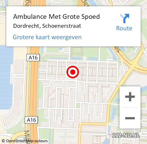 Locatie op kaart van de 112 melding: Ambulance Met Grote Spoed Naar Dordrecht, Schoenerstraat op 1 juli 2024 21:22