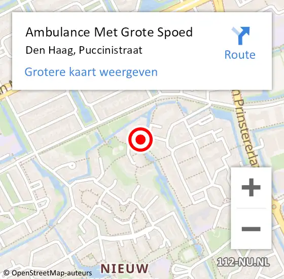 Locatie op kaart van de 112 melding: Ambulance Met Grote Spoed Naar Den Haag, Puccinistraat op 1 juli 2024 22:45