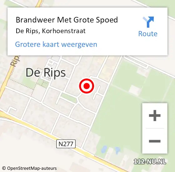 Locatie op kaart van de 112 melding: Brandweer Met Grote Spoed Naar De Rips, Korhoenstraat op 2 juli 2024 01:08